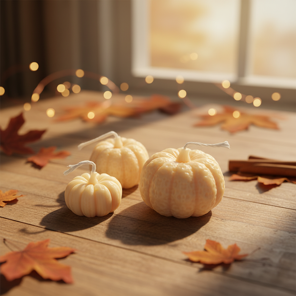 Pumpkin Spiced Latte candle set in a cosy autumn scene