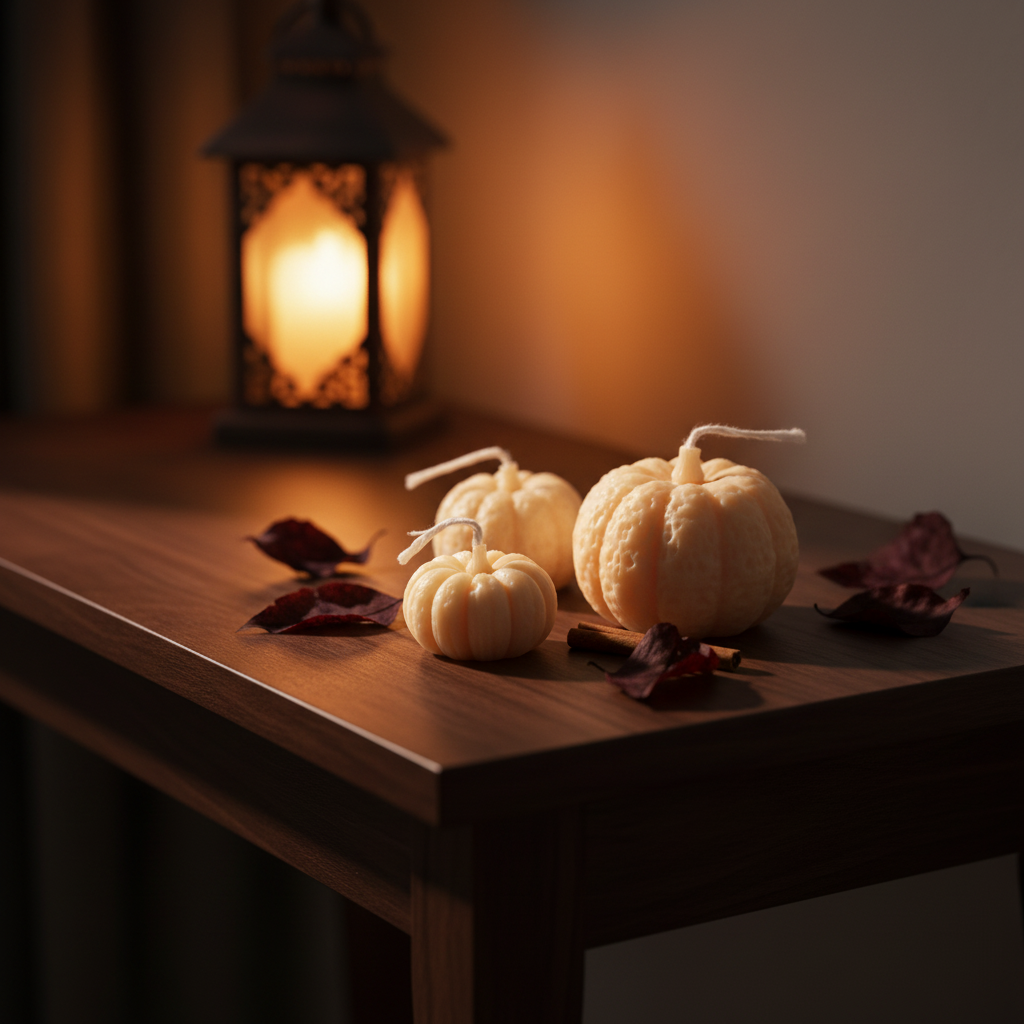 Three pumpkin candles in a sophisticated Halloween setting