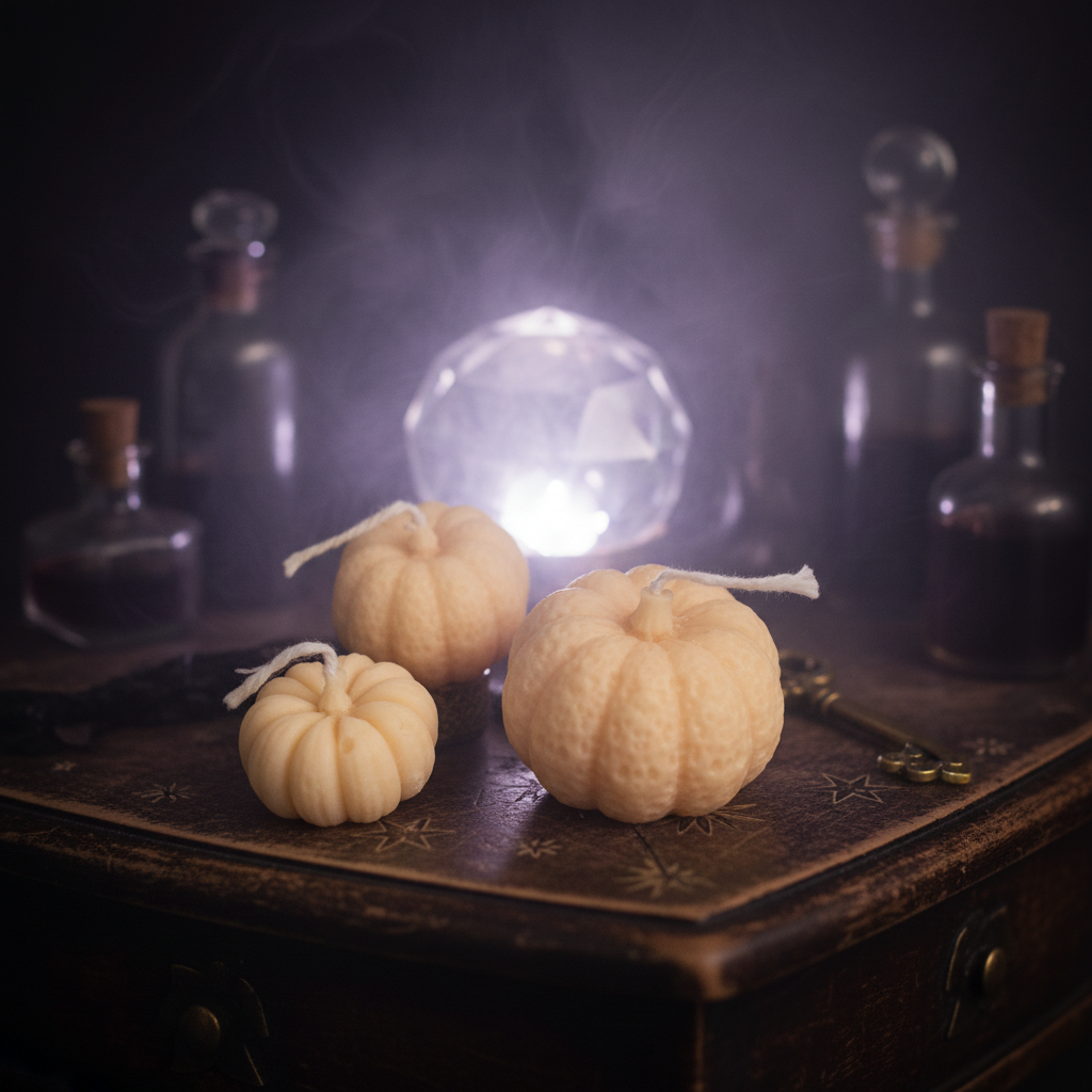 Three pumpkin candles in an elegant witchy apothecary setting